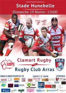 Affiche Clamart Rugby 92 contre Arras le 19 février 2017