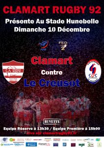 Clamart Rugby 92 Affiche match seniors contre Le Ceusot 10 décembre 2017