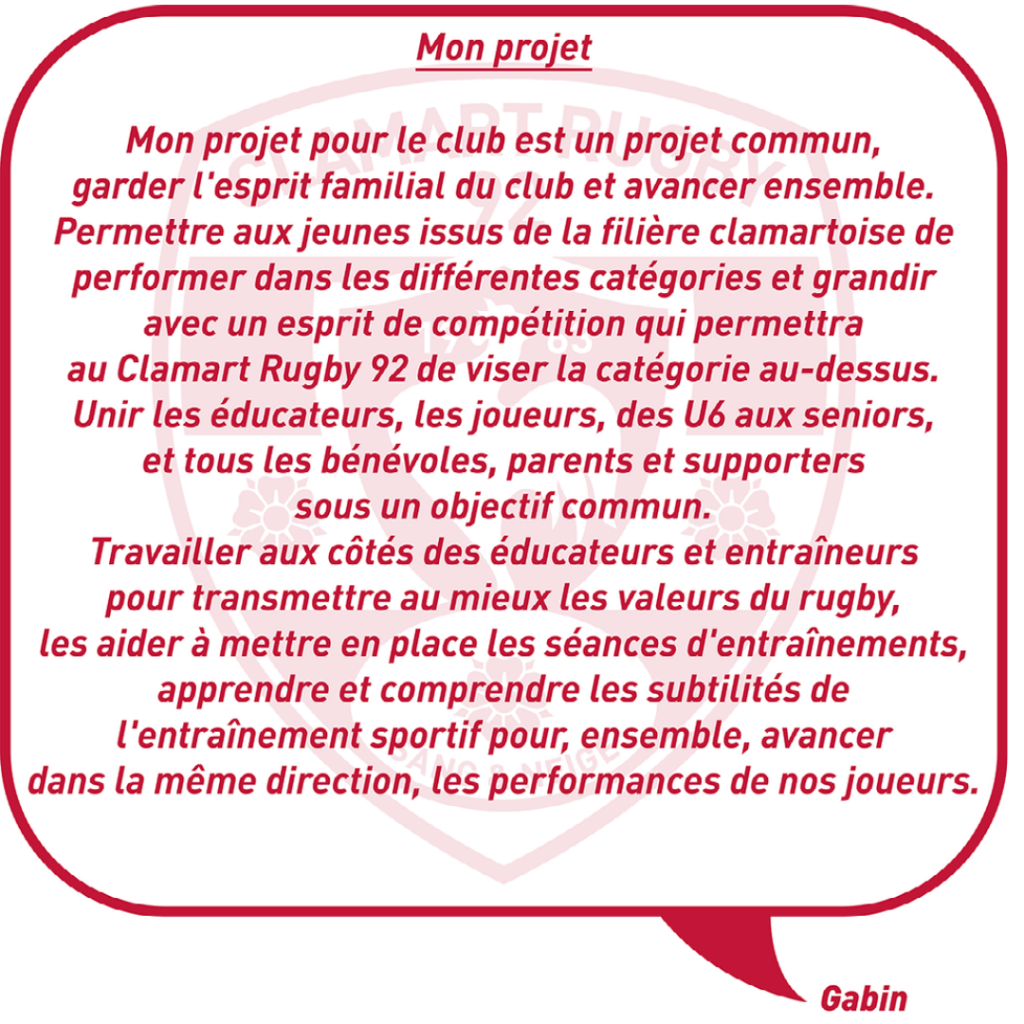 Nouveau directeur sportif de l'école de rugby du Clamart Rugby 92 - texte du projet de Gabin